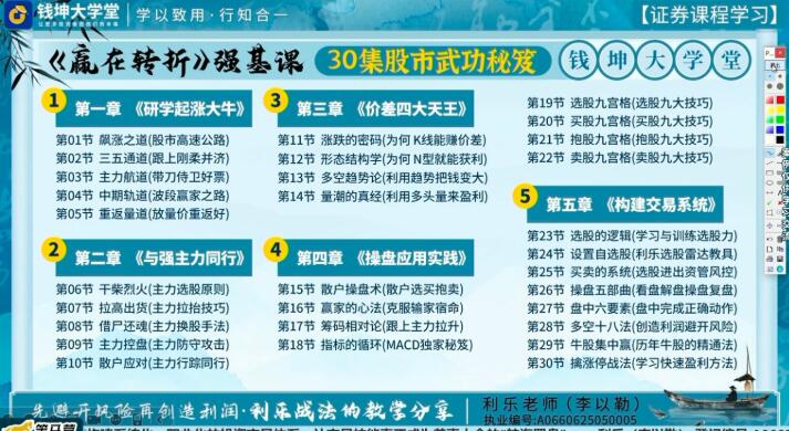 【利乐】《钱坤利乐老师 赢在转折 强基课30集股市武功秘笈+指标资料》网盘课程下载